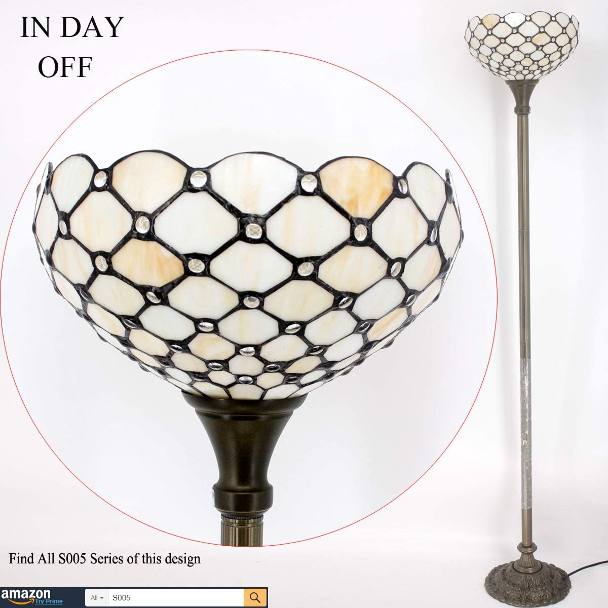 BBNBDMZ Tiffany Floor Lamp Cream Amber Stained Glass Bead Light 12X12X66 Inches Pole Torchiere Standing Corner Torch Uplight Decor Bedroom Living Room  Office (LED Bulb Included) S005 Ser