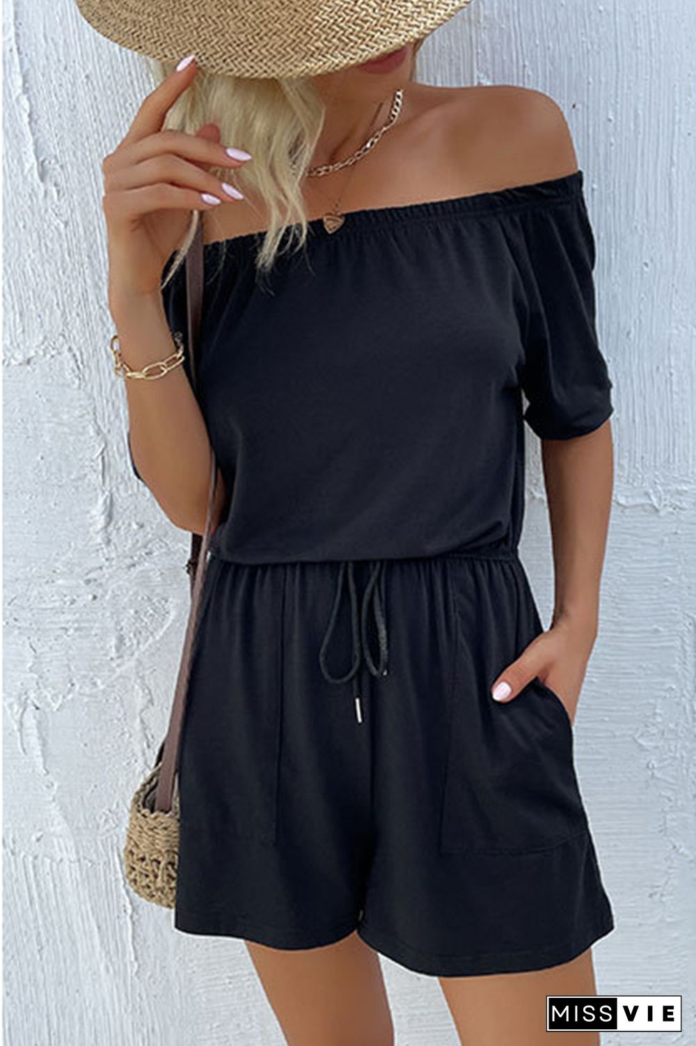 Black Off Shoulder Drawstring Romper