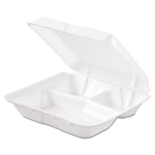 Dart Foam Hinged Lid Containers， 3-Compartment， 7.5 x 8 x 2.3， White， 200/Carton (80HT3R)