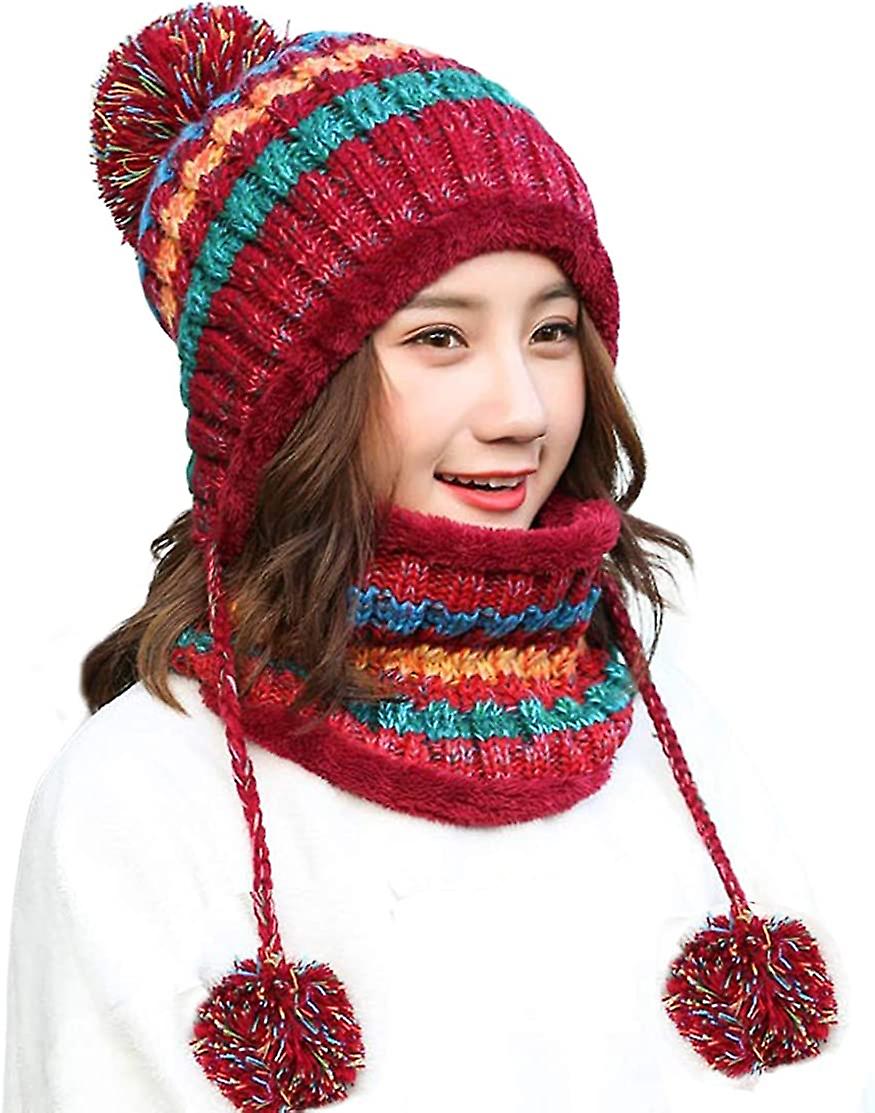 Women Winter Beanie Hat Peruvian Circle Scarf Set Ski Ear Flaps Caps Dual Layered Fleece Lined Pompoms A4-m8771-red -