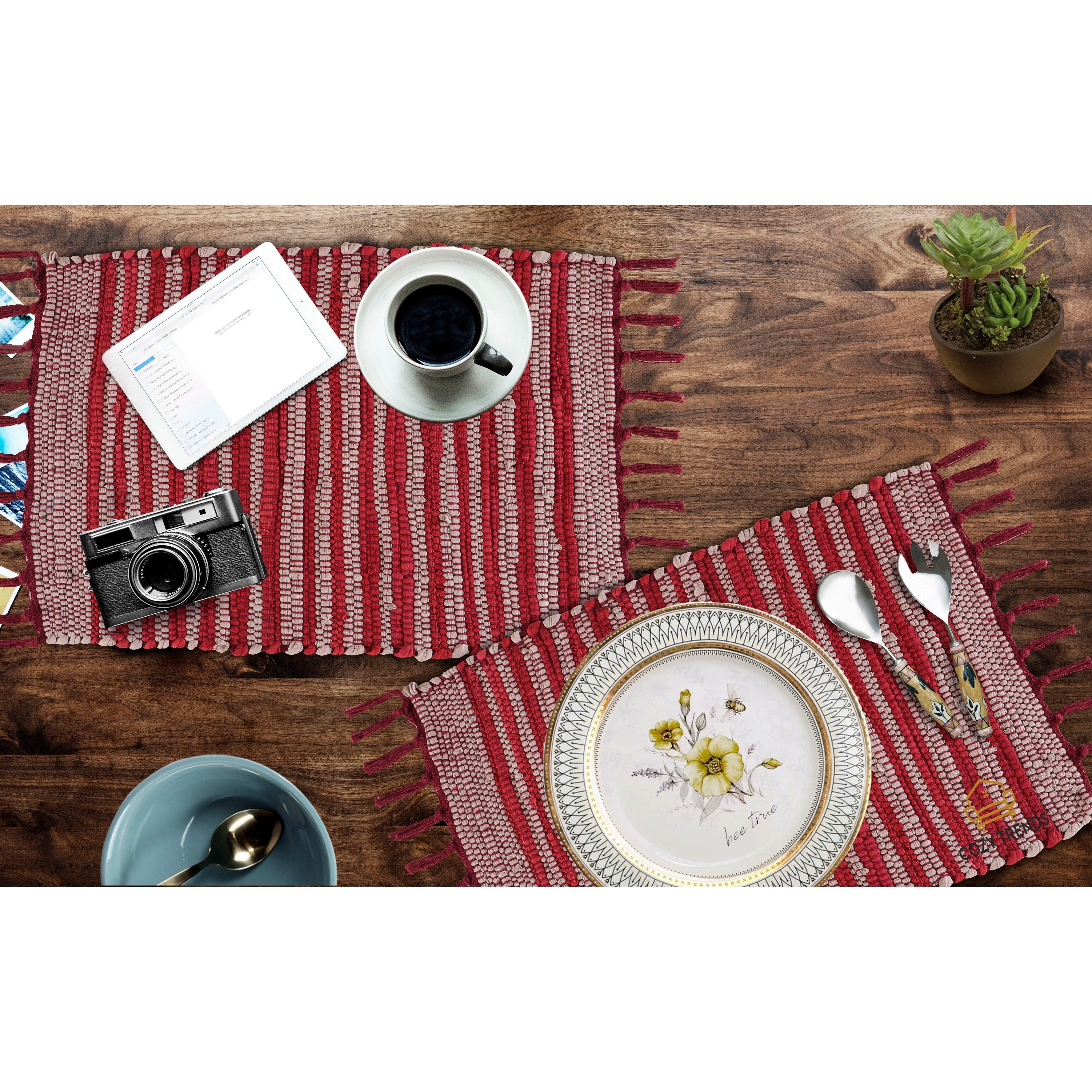 100% Cotton Woven Placemats for Dining Room Rectangle 14''x20'' with Fringes | Set of 6 | Washable