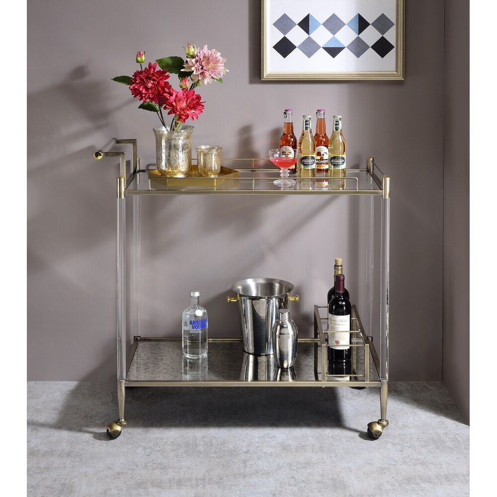 Contemporary Metal Serving Cart 2 Tier Shelf with Tempered Glass Top