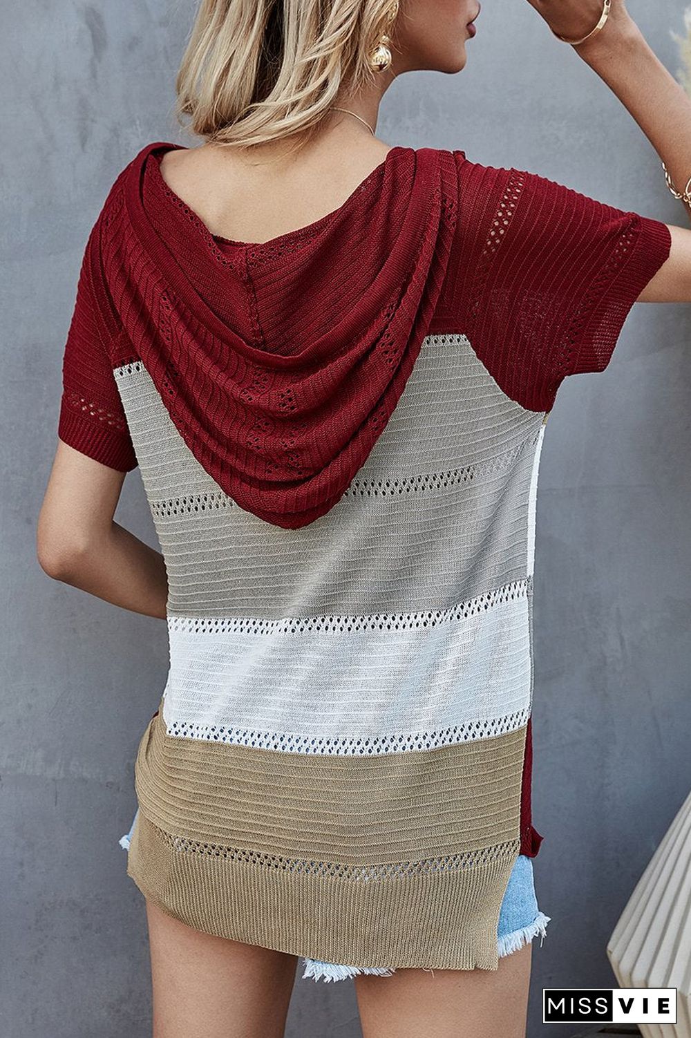 Colorblock Knitted Short Sleeve Hooded T-Shirt