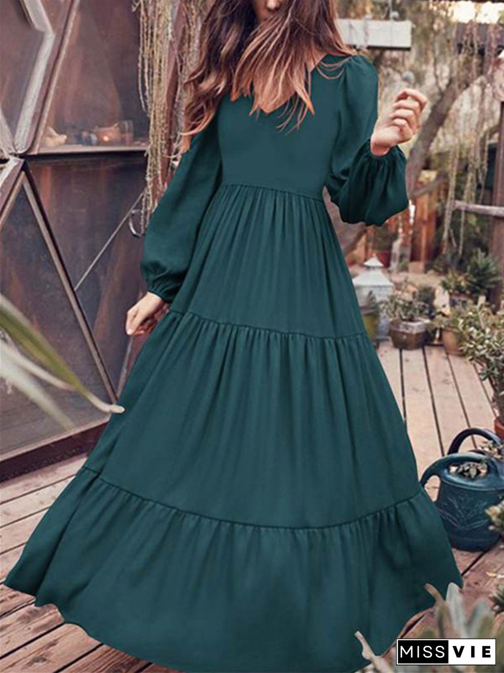 Vintage Puff Sleeve Pleated Tiered Maxi Dress