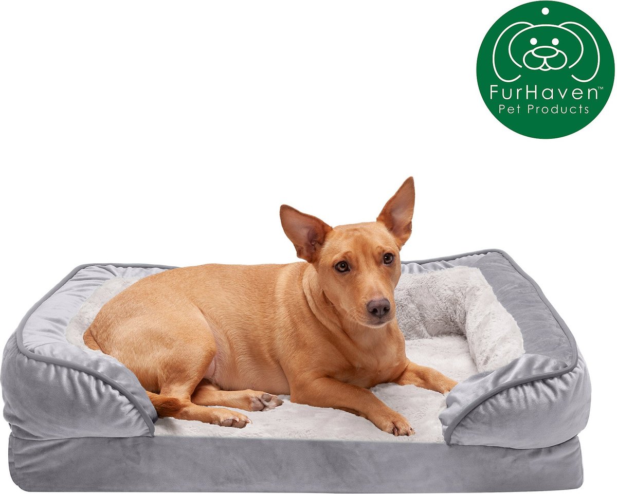 FurHaven Velvet Waves Perfect Comfort Orthopedic Sofa Cat and Dog Bed， Granite Gray， Medium