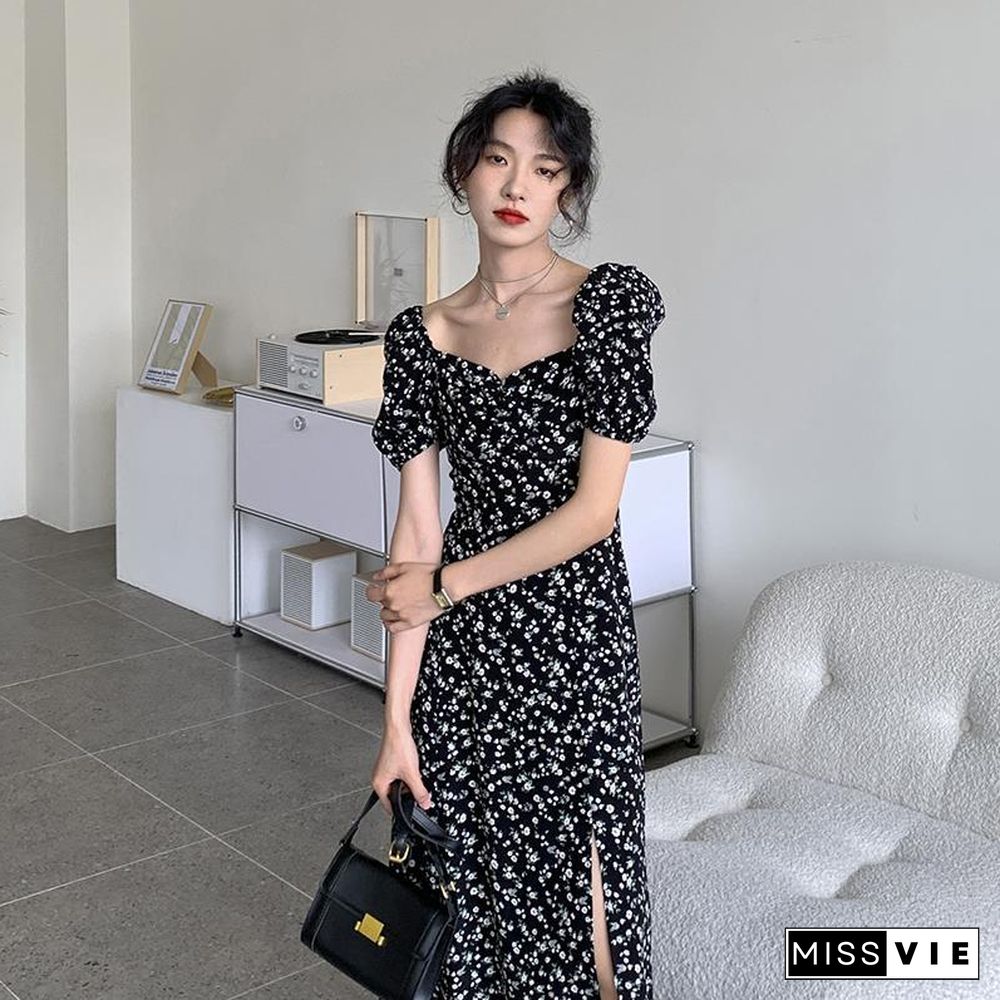 Midi Dress Women French Black Print Sexy Puff Sleeves Empire Side Slit Clubwear Temperament Summer Elegant Fashion Vestido Retro