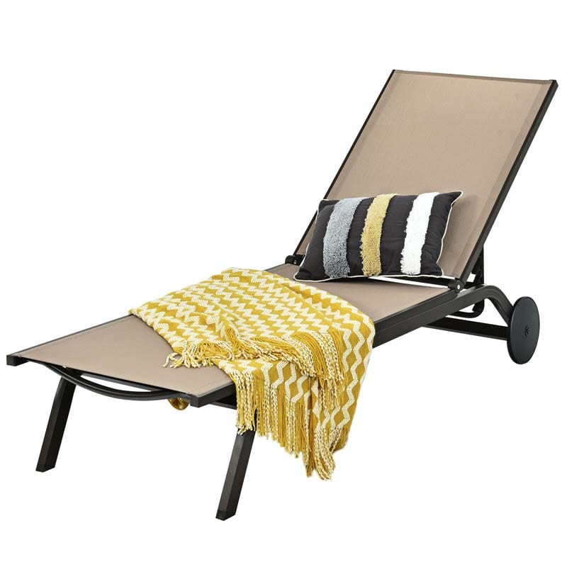 Aluminum Patio Chaise Lounge Chair with Wheels, 6-Position Fabric Outdoor Sun Lounger for Pool Beach Deck Yard