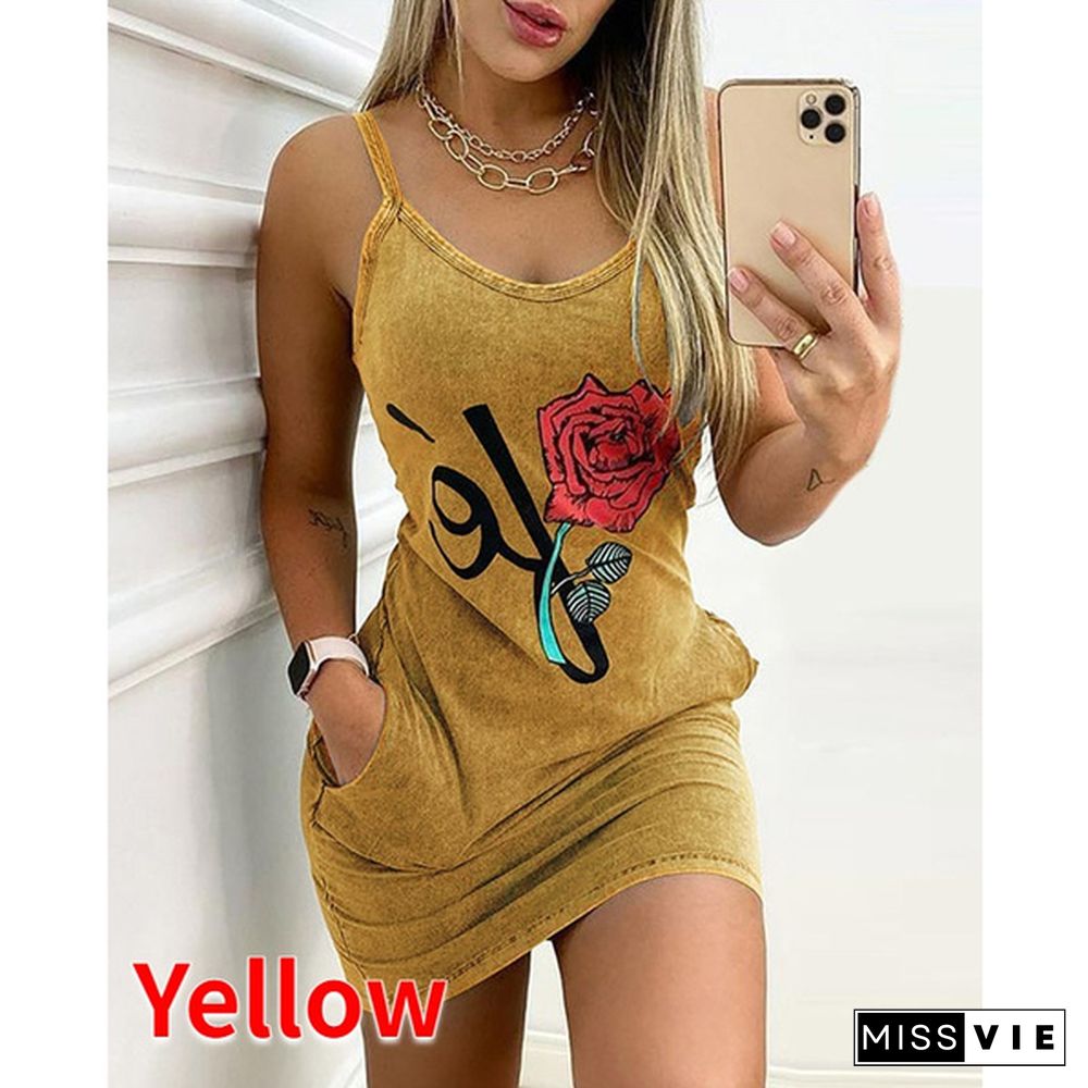 New Summer Women's Fashion Casual Sleeveless Floral Prited Halter Dress With Pockets Sexy V-Neck Party Club Mini Tank Top Dresses Ladies Plus Size Cami Dress