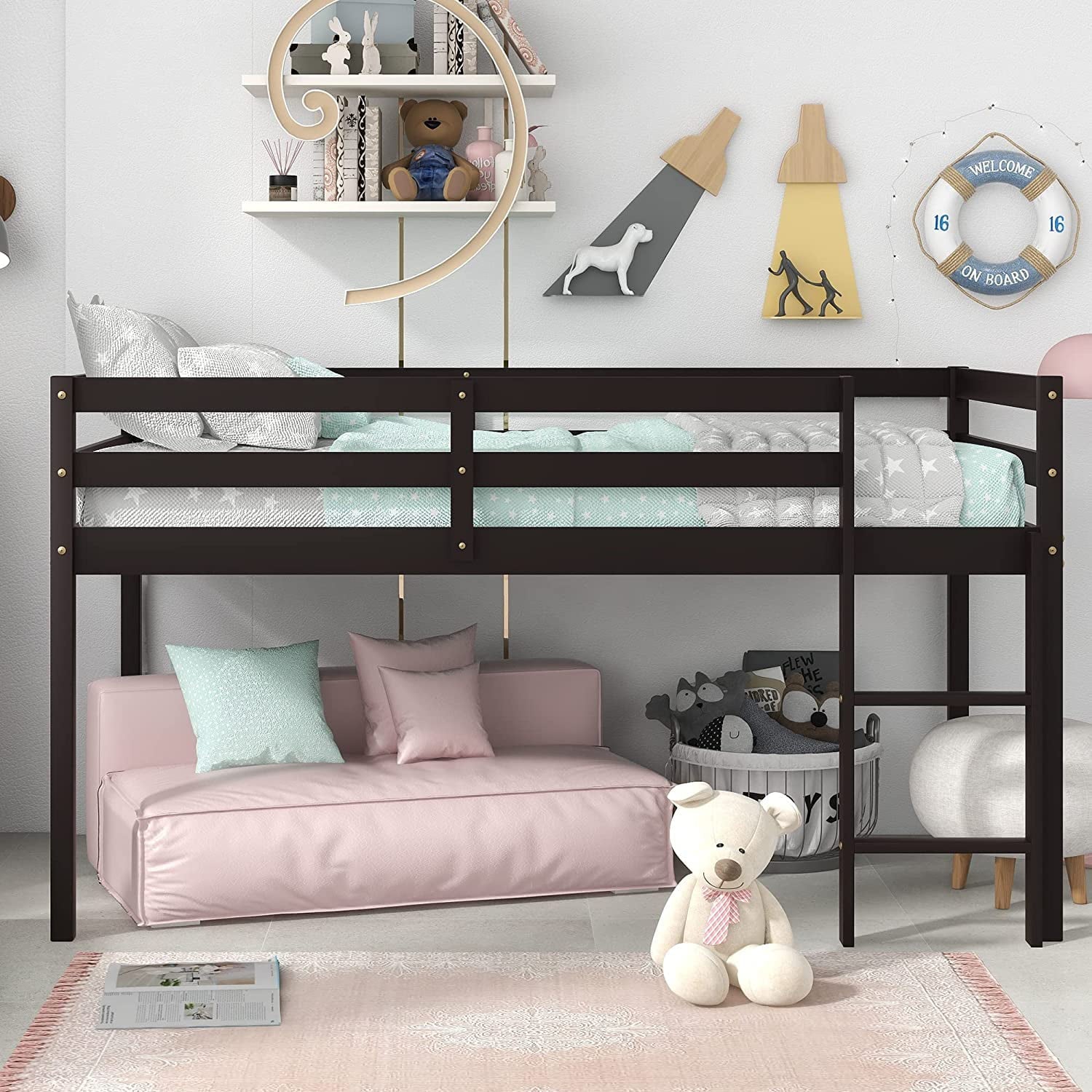 Low Twin Wood Loft Bed with Full-length Safety Rail and Ladder, Modern Loft Bed Frame for Kids Teens Adult, Space Saving Bedroom Loft Bed, No Box Spring Needed, Espresso, J2299