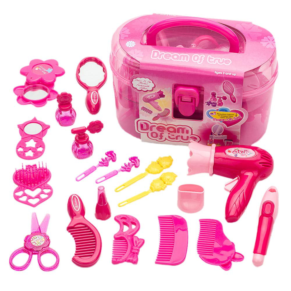 Kids Beauty Salon Set Toys Little Girl Makeup Kit Pretend Play Hair Station with Case， Hairdryer， Brush，Mirror and Styling(17pcs) Toy for little girl 1 2 3 4 Years Old