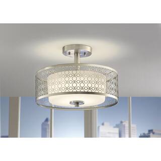 Hampton Bay Toberon 14 in. 1-Light Brushed Nickel LED Semi-Flush Mount with Etched Parchment Glass Shade 7914HBBNDI