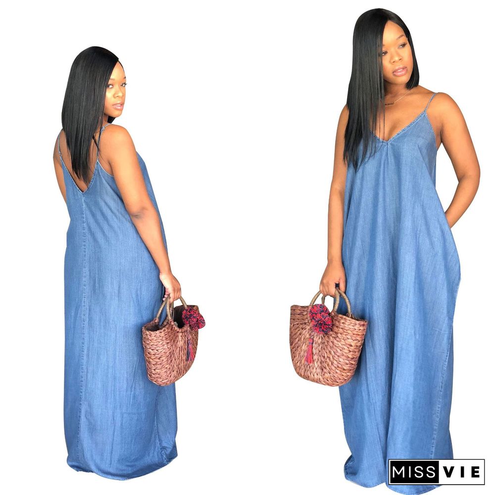 CMYAYA Women Summer S-3XL Denim Sexy Maxi Dress Party Club Outside Loose Long Strap Sleeveless Dresses Outfits