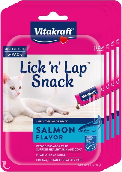 Vitakraft Lick 'n' Lap Creamy Salmon Low Calorie Interactive Wet Cat Treat， 0.42-oz tube， case of 20