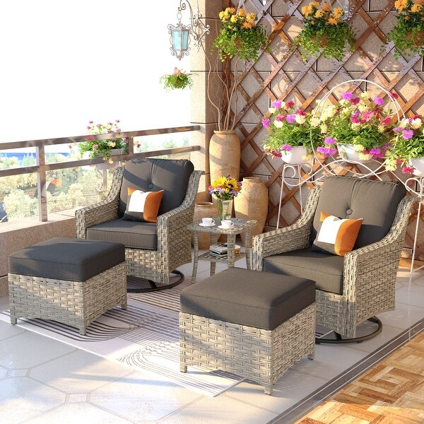 OVIOS 5 Pieces Outdoor Wicker Curved Swivel Chair Set With Ottoman