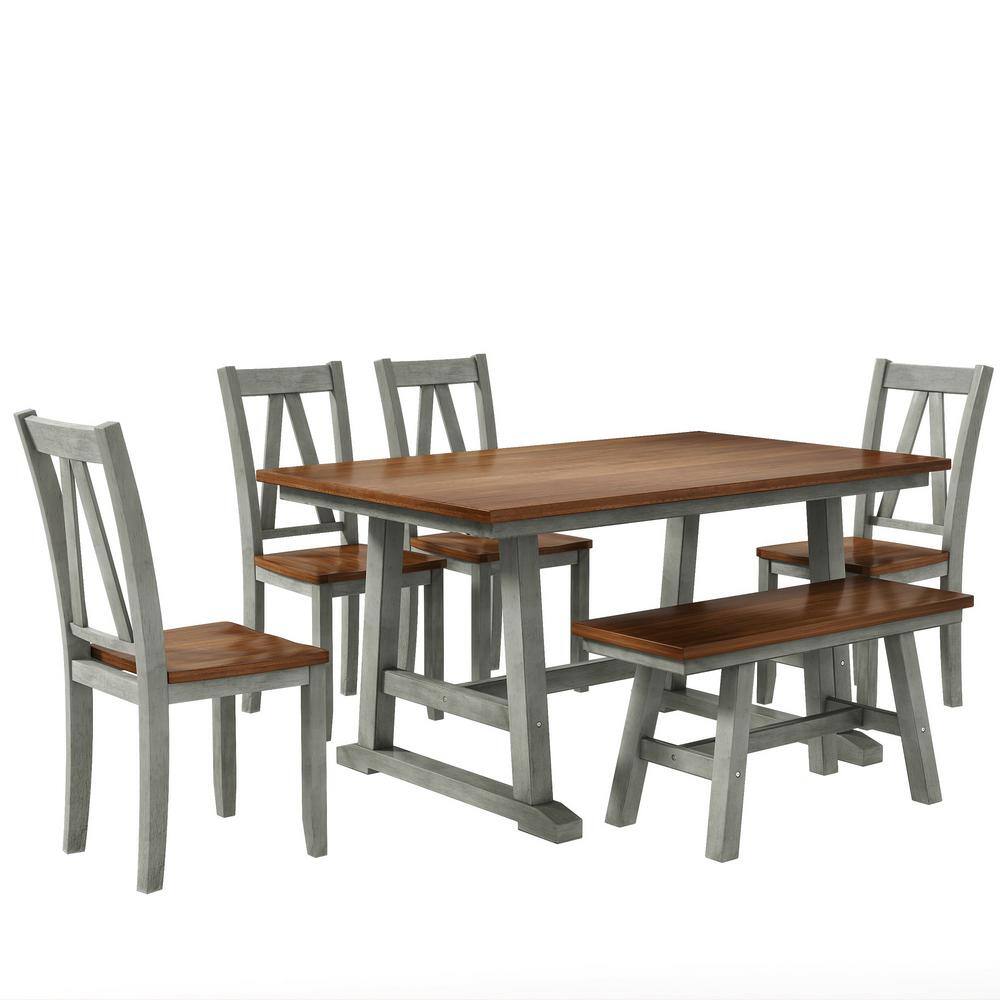 Harper  Bright Designs Farmhouse 6-piece Walnut and Gray Rectangle MDF Top Dining Table Set Seats 6 DT142AAE