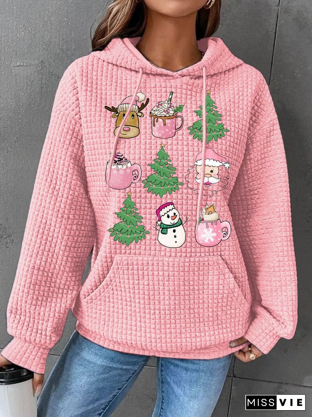 Women's Pink Christmas Print Long Sleeve Sweatshirt