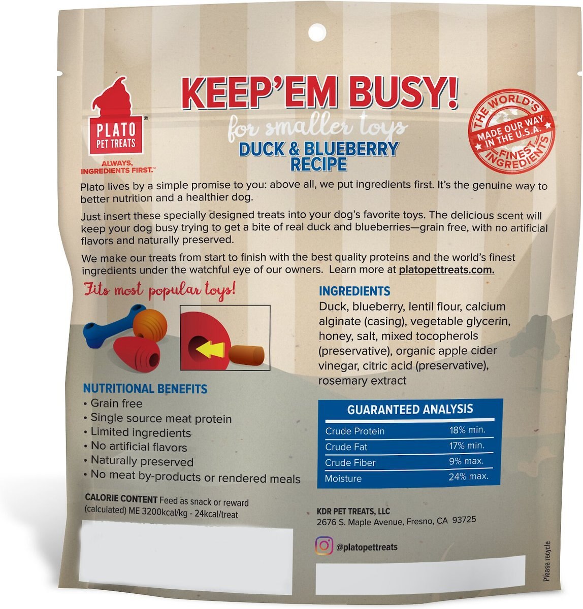 Plato Keep Em' Busy Duck and Blueberry Toy Refill Grain-Free Dog Treats， 5-oz bag， Small