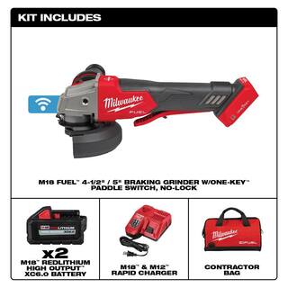 MW M18 FUEL 18V Lithium-Ion Brushless Cordless 4-12 in.5 in. Braking Grinder Kit wFUEL Angle Grinder 2882-22-2880-20