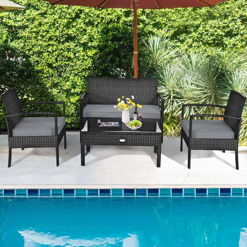 Gymax 8-Pieces Rattan Wicker Patio Garden Furniture Set Black Rattan with Gray Cushion GYM05022