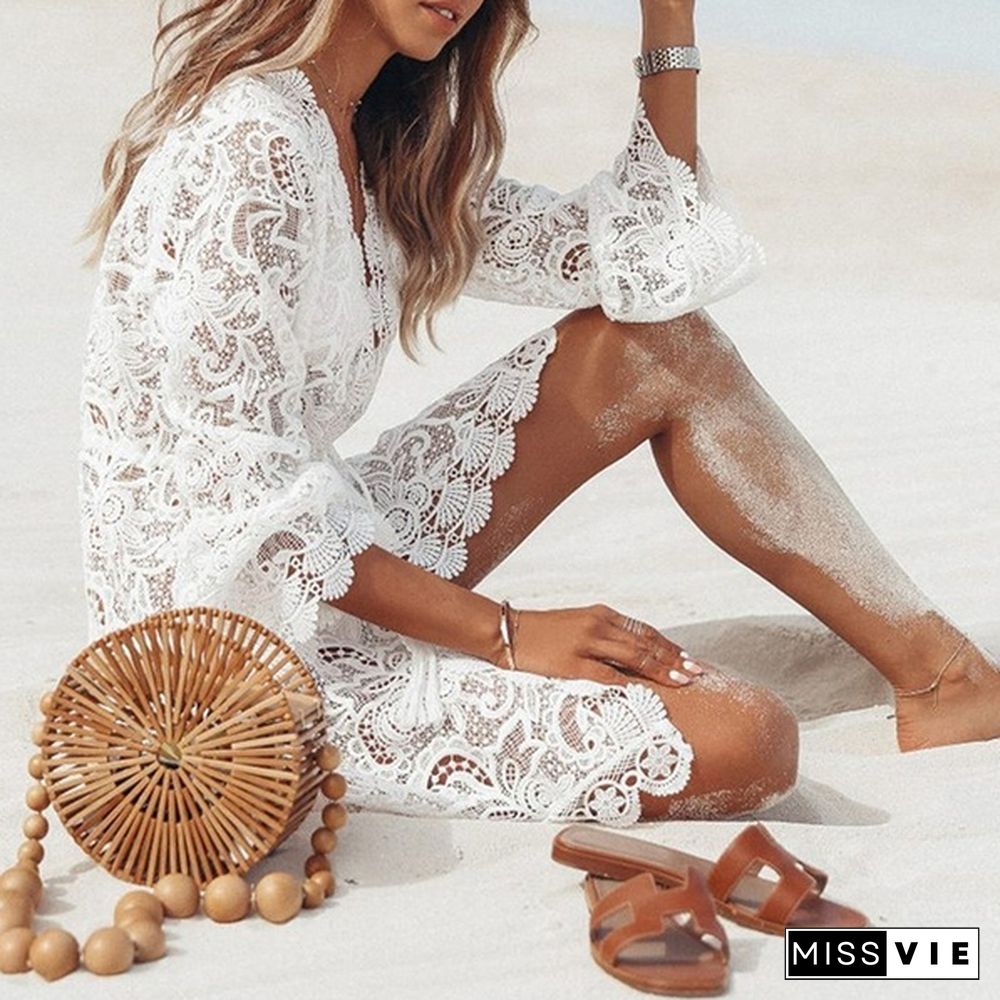 New Women Summer Fashion Hollow Out Beach Coat V-Neck Lace Dresses Bikini Blouse Sun Protection Clothing