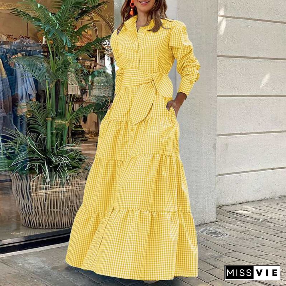 Shirt Dress Women Long Sleeve Party Dresses Casual Lapel Button Vintage Belted Pockets Sundress Plaid Printed Robes