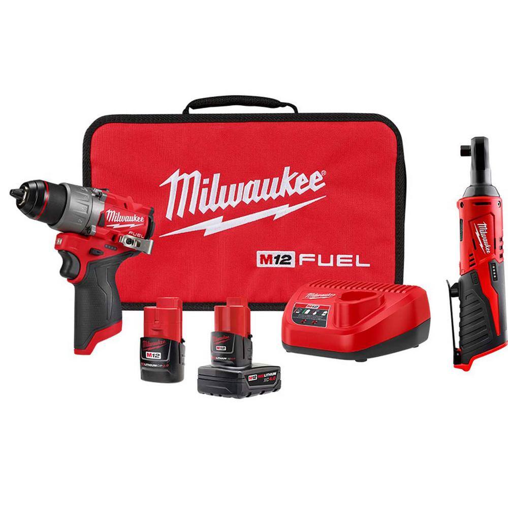 MW M12 FUEL 12-Volt Lithium-Ion Brushless Cordless 12 in. Drill Driver Kit with M12 38 in. Ratchet 3403-22-2457-20