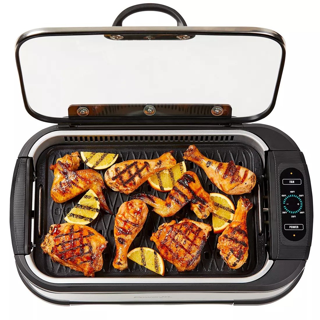 PowerXL Smokeless Grill Pro， Temprd Glass Lid and Turbo Speed Smoke Extractor