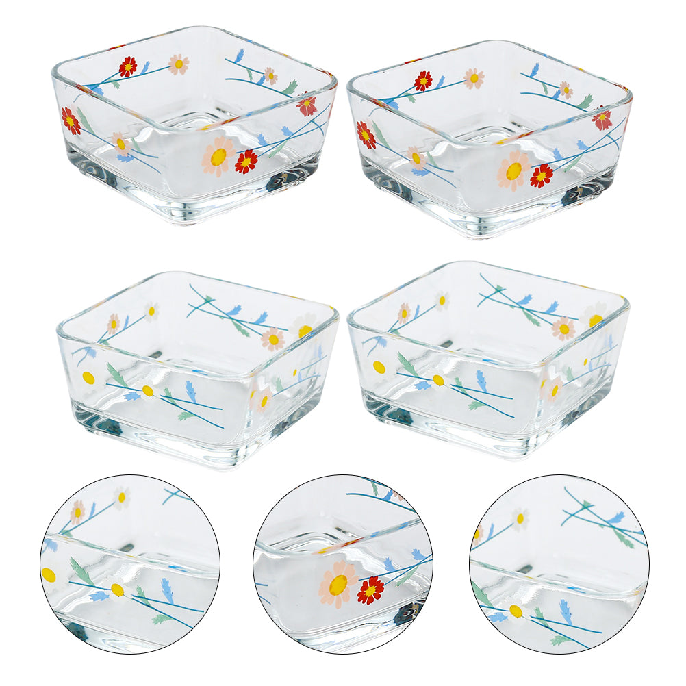 4Pcs Daisy Pattern Glass Bowl Fruits Salad Dessert Bowl Square Bowl