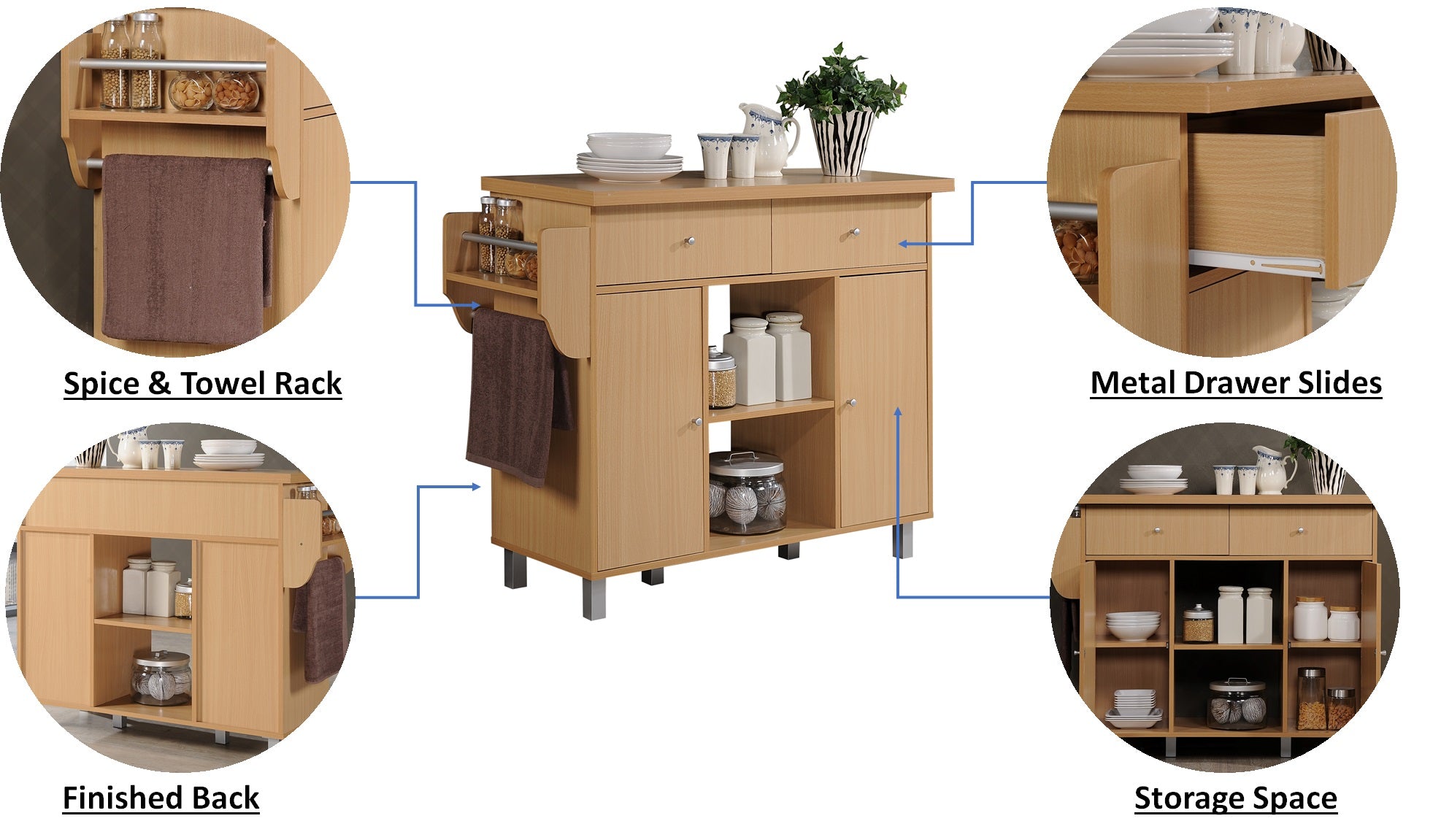 Hodedah Kitchen Island with Spice Rack plus Towel Holder， Beech