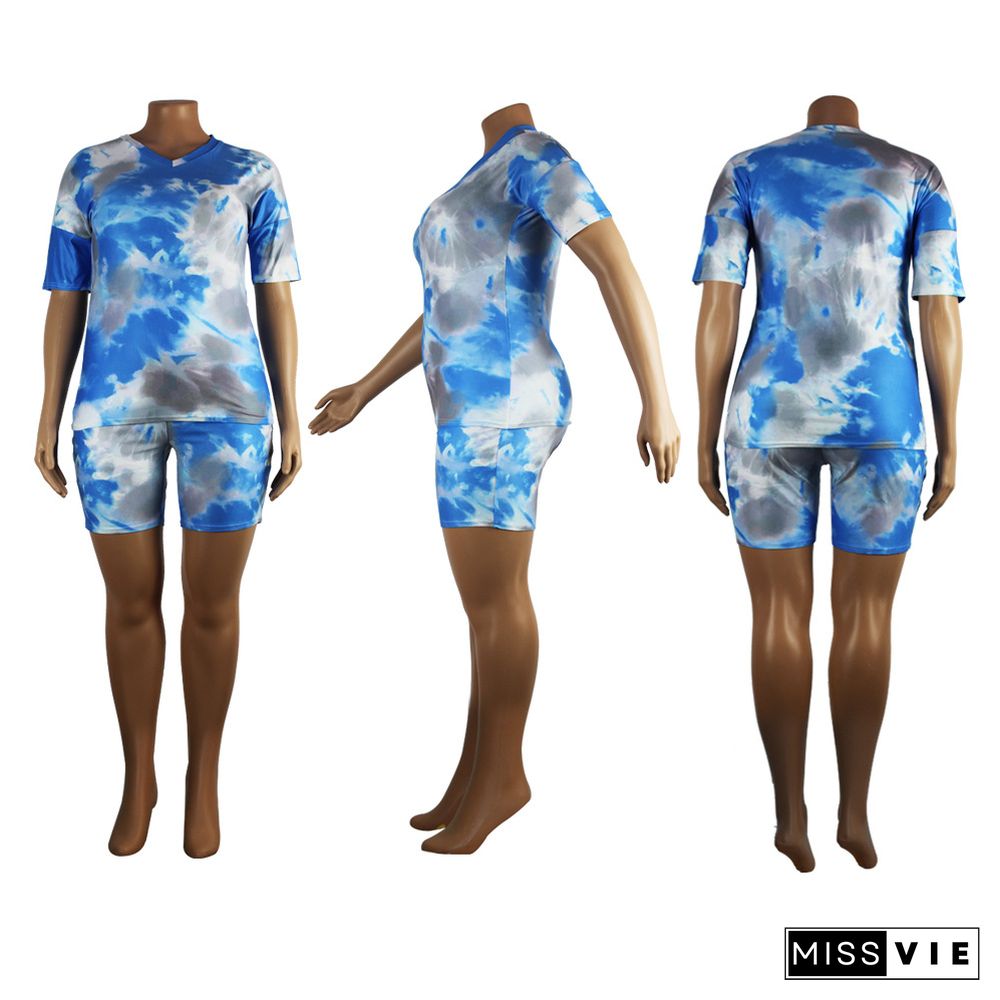 Casual Plus-size Tie-dye Short Sleeve T-shirt and Shorts Two-piece Set without Mask