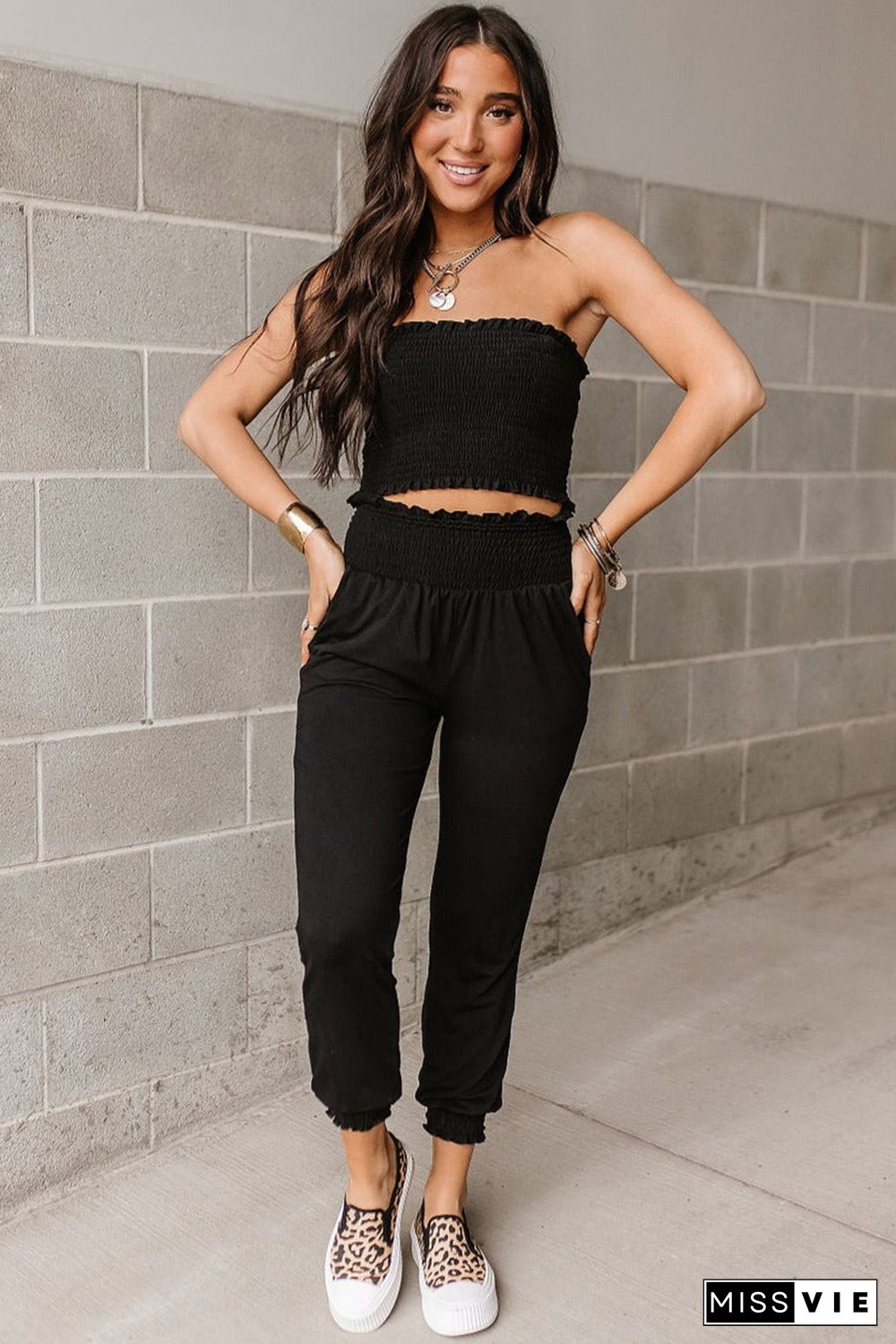 Black Smocked Tube Top and High Waist Pants Set