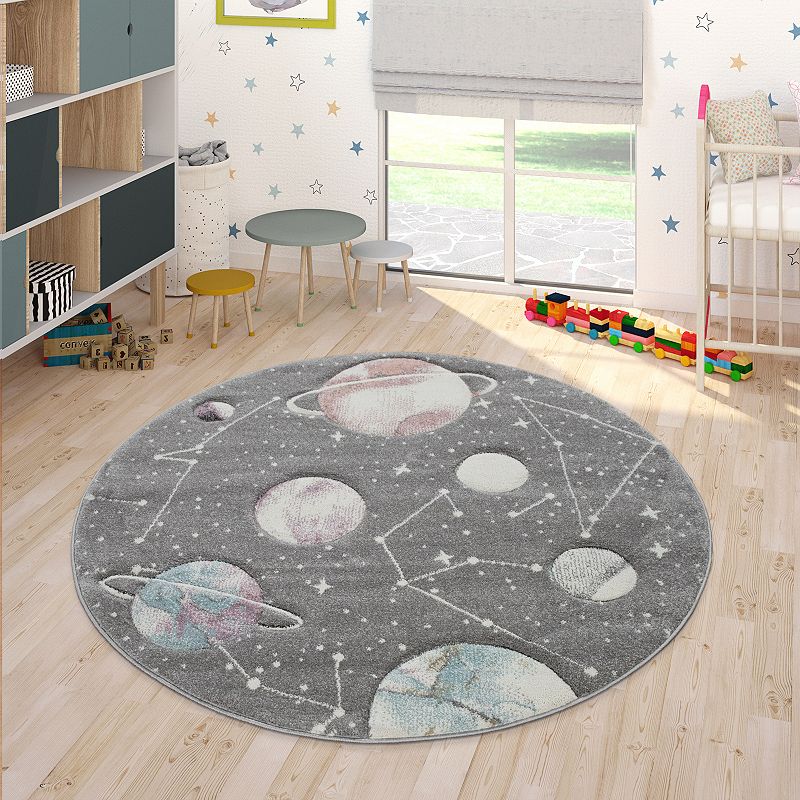 Space Rug for Kids Colorful Galaxy with Planets and Stars in Grey