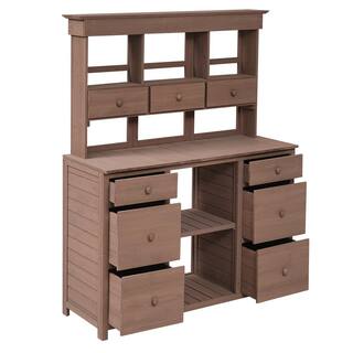 Polibi 50.1 in. W x 65.7 in. H Brown Garden Potting Bench Table with Multiple Drawers and Shelves Brown RS-81037-D