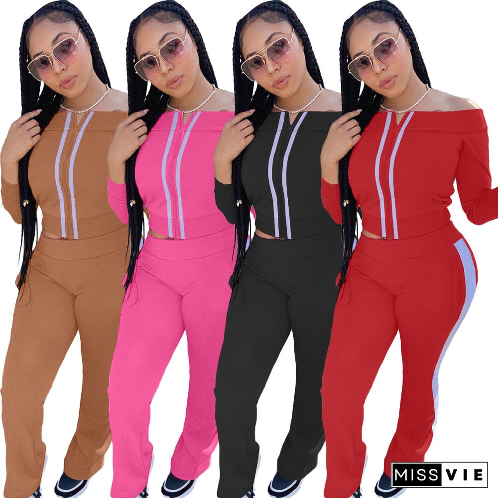 Solid Off Shoulder Zipper Top Side Striped Pants Sport Suit