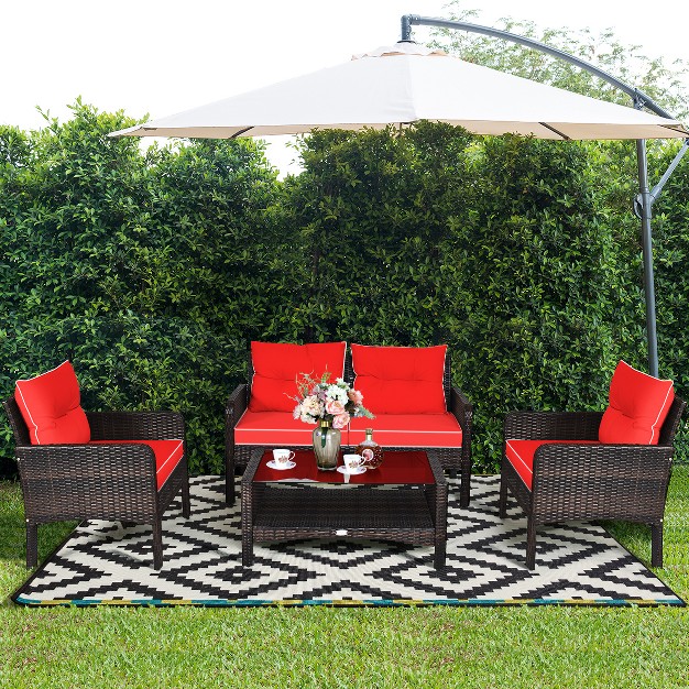 Costway 4pcs Patio Rattan Furniture Set Loveseat Sofa Coffee Table Garden W red Cushion