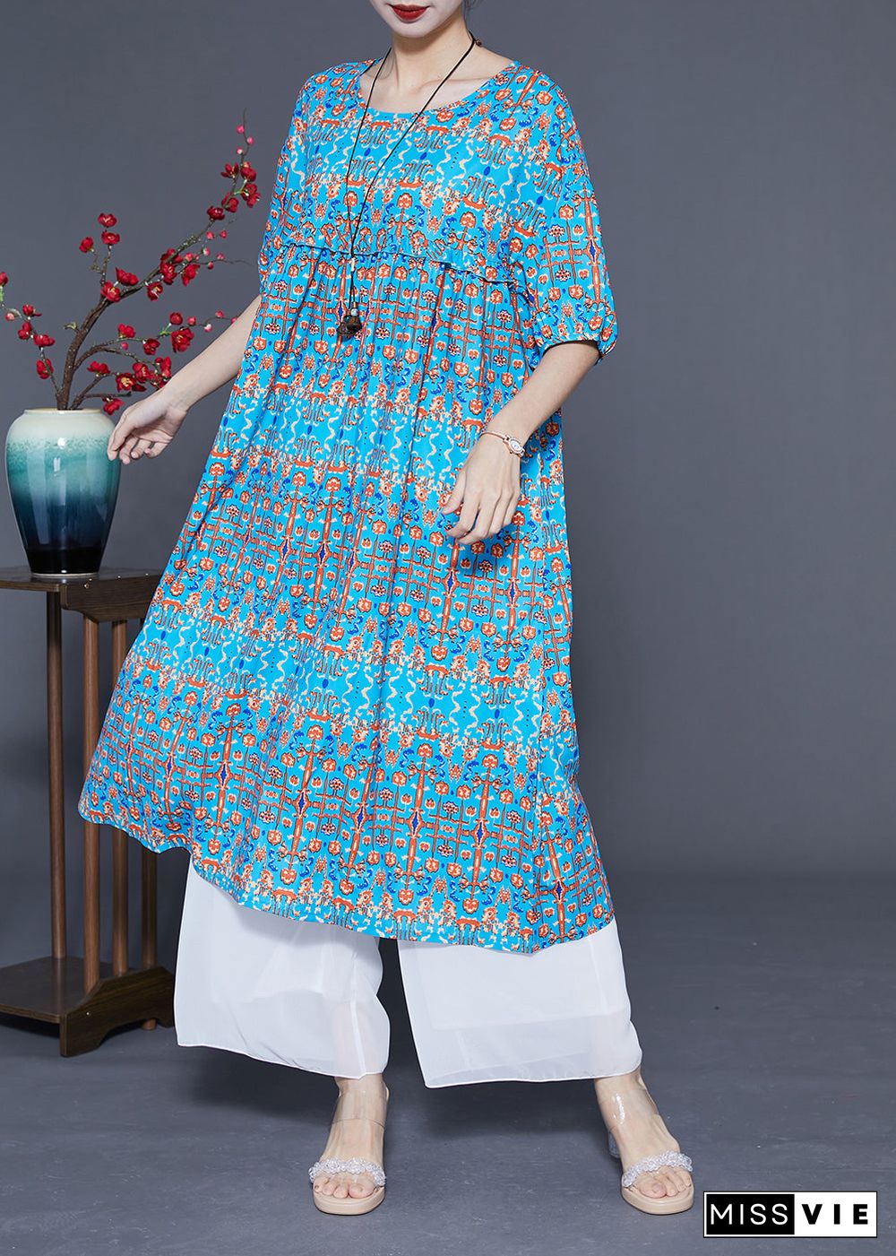 Stylish Blue Ruffled Print Silk Long Dresses Summer