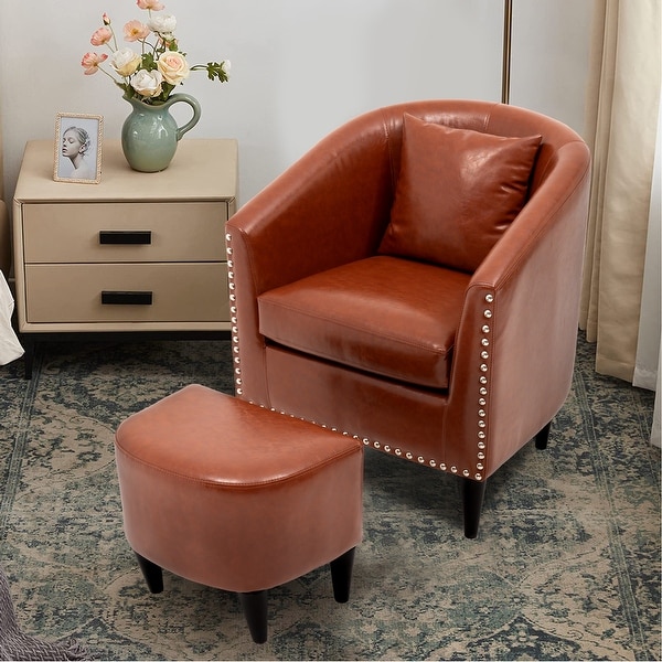 Modern Accent Chair with Ottoman Set， PU Leather Upholstered Club Round Arms Chair