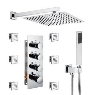 Mondawe Luxury 3-Spray Patterns Thermostatic 12 in. Wall Mount Rainfall Dual Shower Heads with 6-Body Spray in Chrome WF6310-12CH-WM