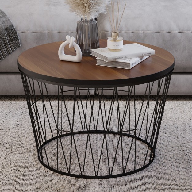 Round Coffee Table With Geometric Metal Base Small Modern Accent Table For Living Room Mid century Coffee Table By Lavish Home brown black