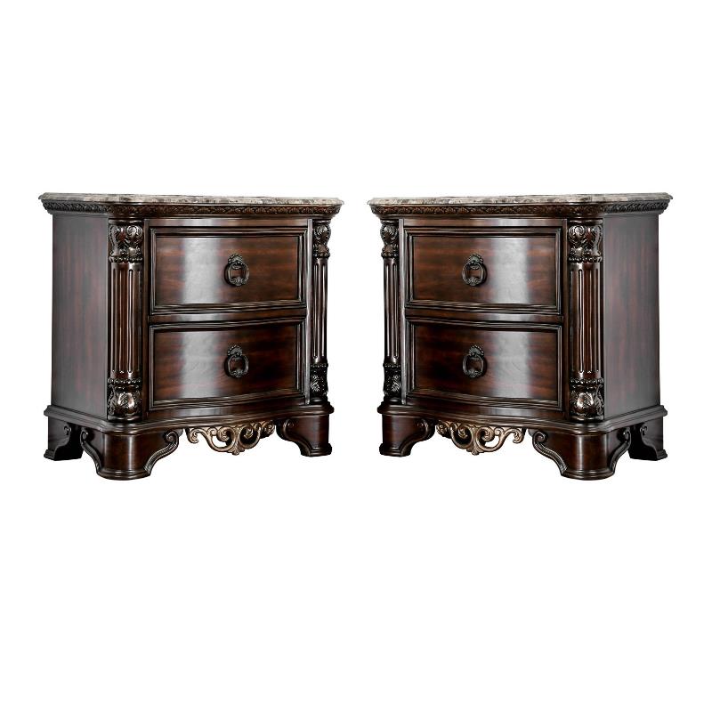 Jordan Transitional Wood and Marble Top Nightstand in Brown Cherry Set of 2