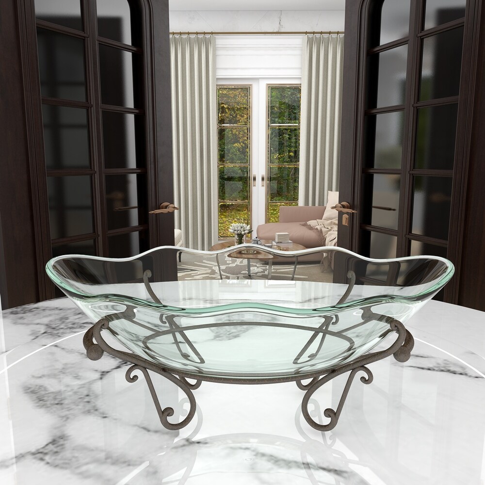 Clear Tempered Glass Kitchen Serving Bowl with Brown Metal Scroll Base