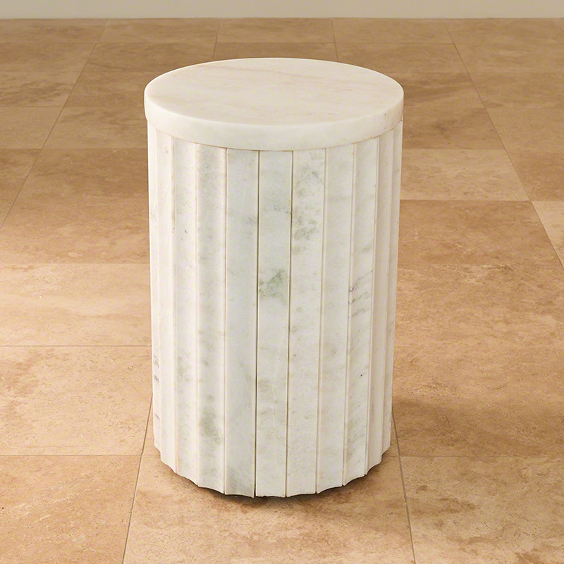 Elegant Ribbed Carved White Marble Column Accent Table  Pedestal Drum Round   Transitional   Side Tables And End Tables   by My Swanky Home  Houzz