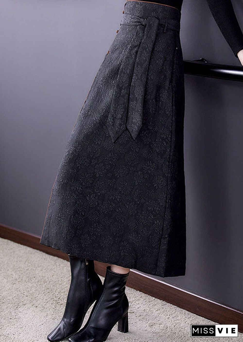 Italian Black tie waist Fine Cotton Filled Skirt Winter