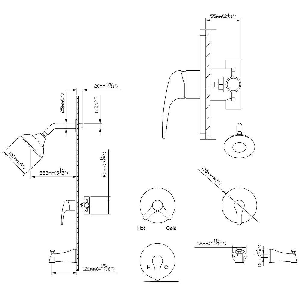 Hlihome 2-Spray Patterns with 1.8 GPM 6 in. Wall Mount Fixed Shower Head with Tub Faucet in Matte Black RBDK-0905-MB