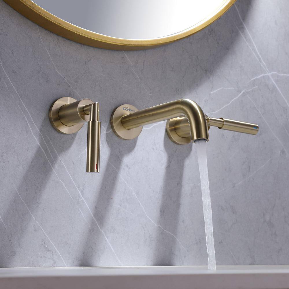 IHOMEadore Double Handle Wall Mounted Bathroom Faucet in Brushed Gold JK-RWBF60007GB