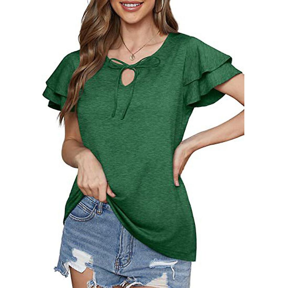 Women's Summer V Neck Ruffle Short Sleeve Blouse Flowy Shirt Tunic Top