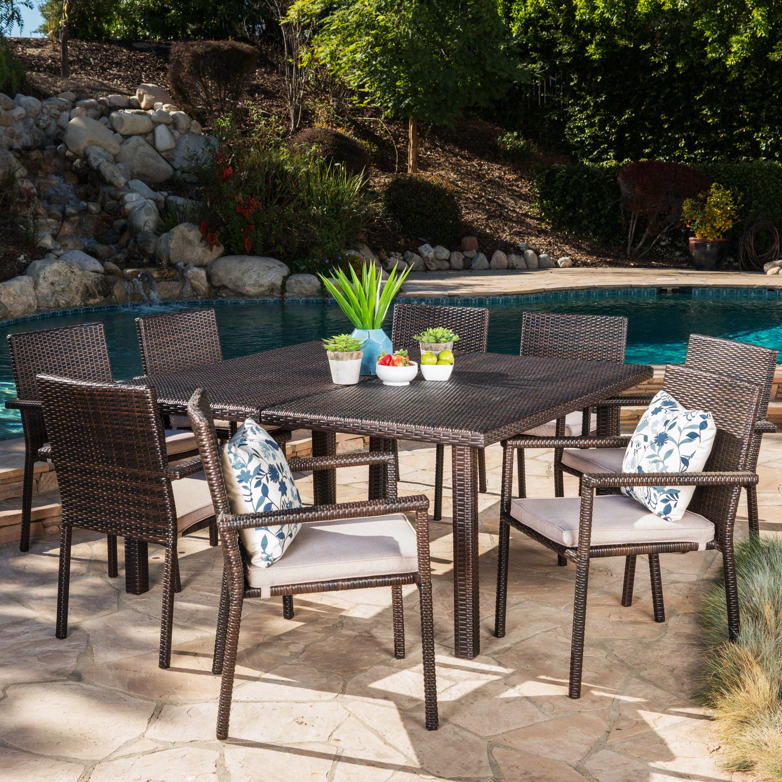 Aden Outdoor 9 Piece Wicker Dining Set with Water Resistant Cushions