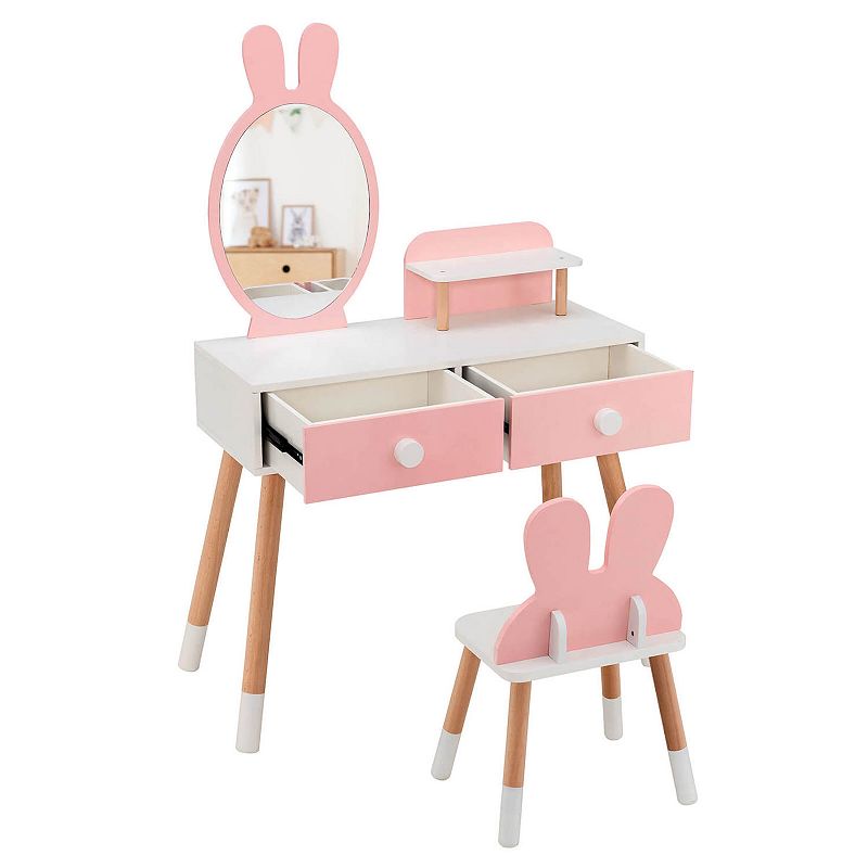 Kids Vanity Table and Chair Set with Drawer Shelf and Rabbit Mirror