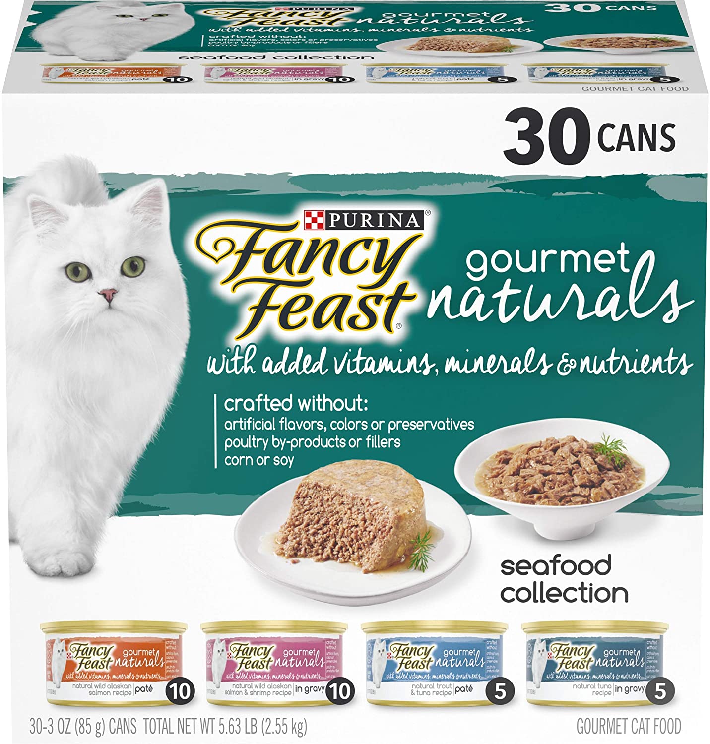 Purina Fancy Feast Natural Wet Cat Food Variety Pack， Gourmet Naturals Seafood Collection - (30) 3 oz. Cans