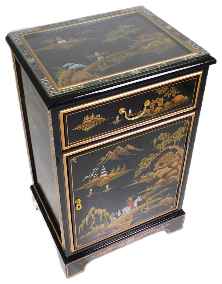 Black Lacquer Oriental End Table With Landscape Painting   Asian   Side Tables And End Tables   by Oriental Furnishings  Houzz